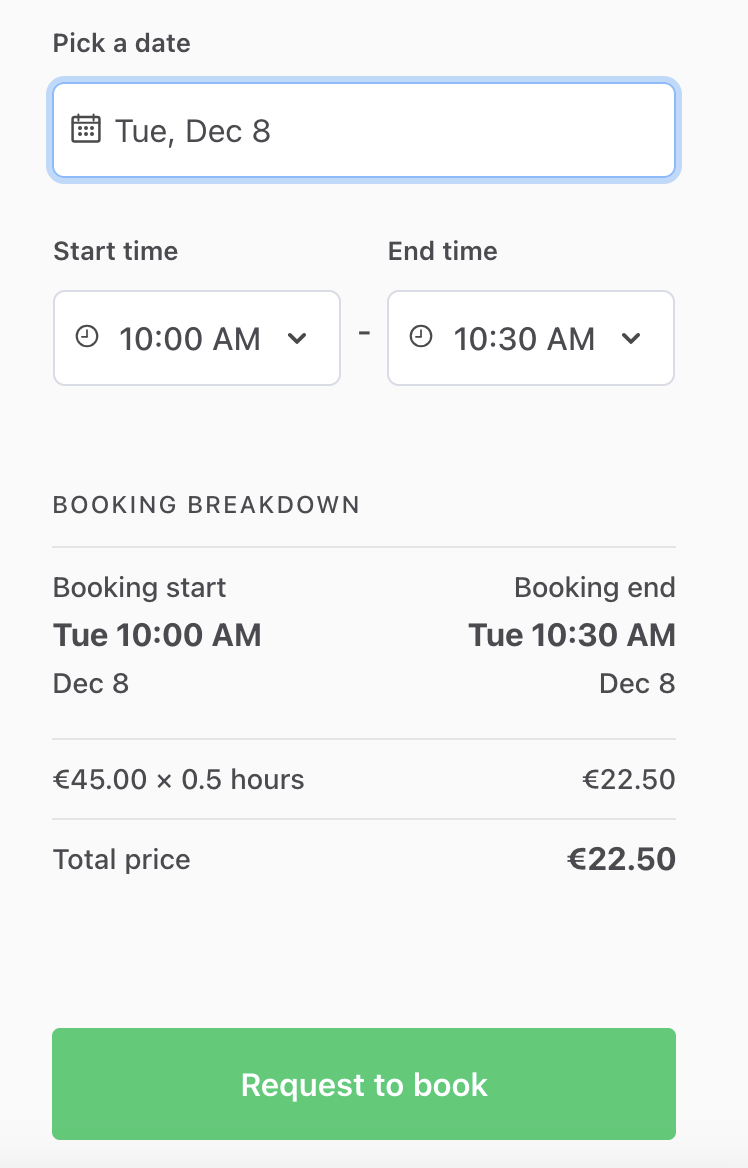 Booking breakdown with half hour booking
