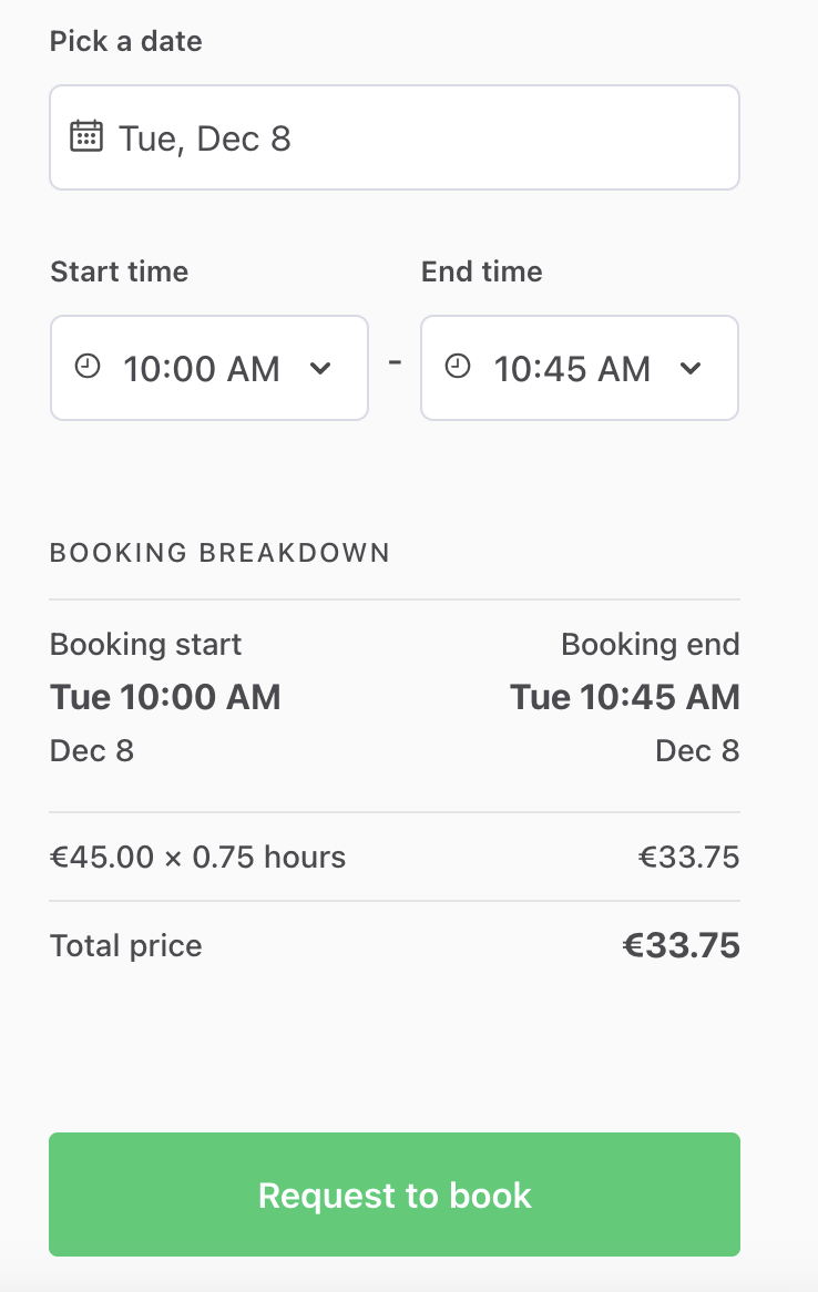 Booking times with 45 minute booking slots