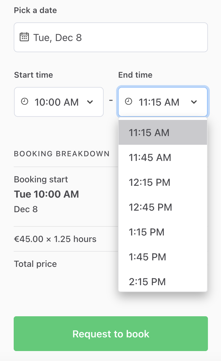 Booking end options for different first slot