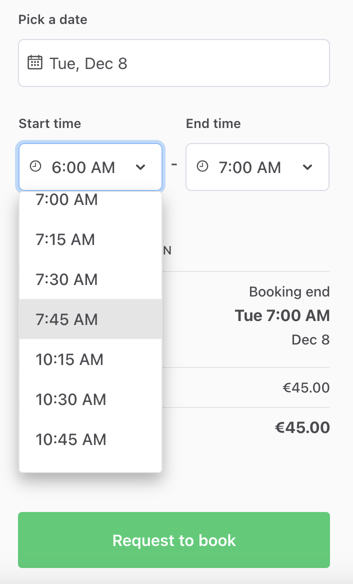 Booking start options buffered time slots