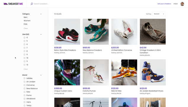 Sneakertime browse view with filters and listings