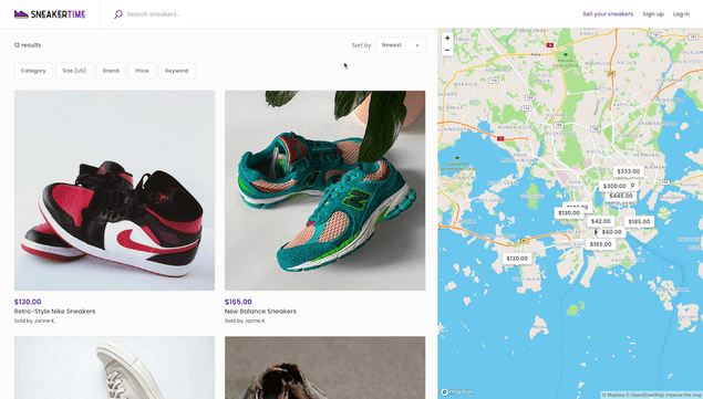 Sneakertime browser view with a map next to listings