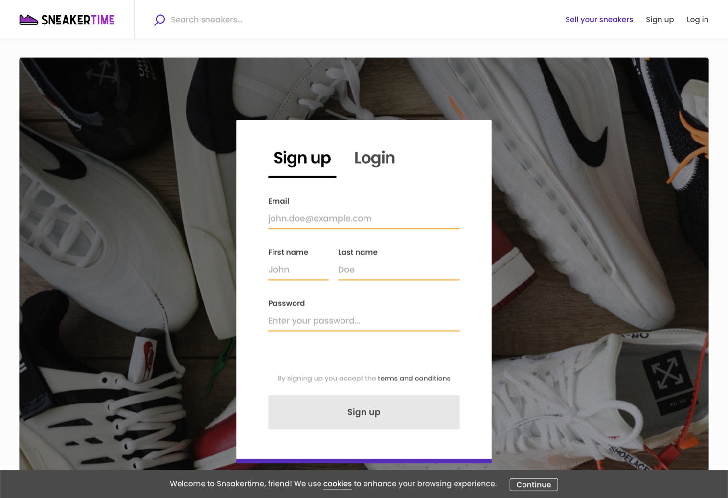 Sneakertime authentication page