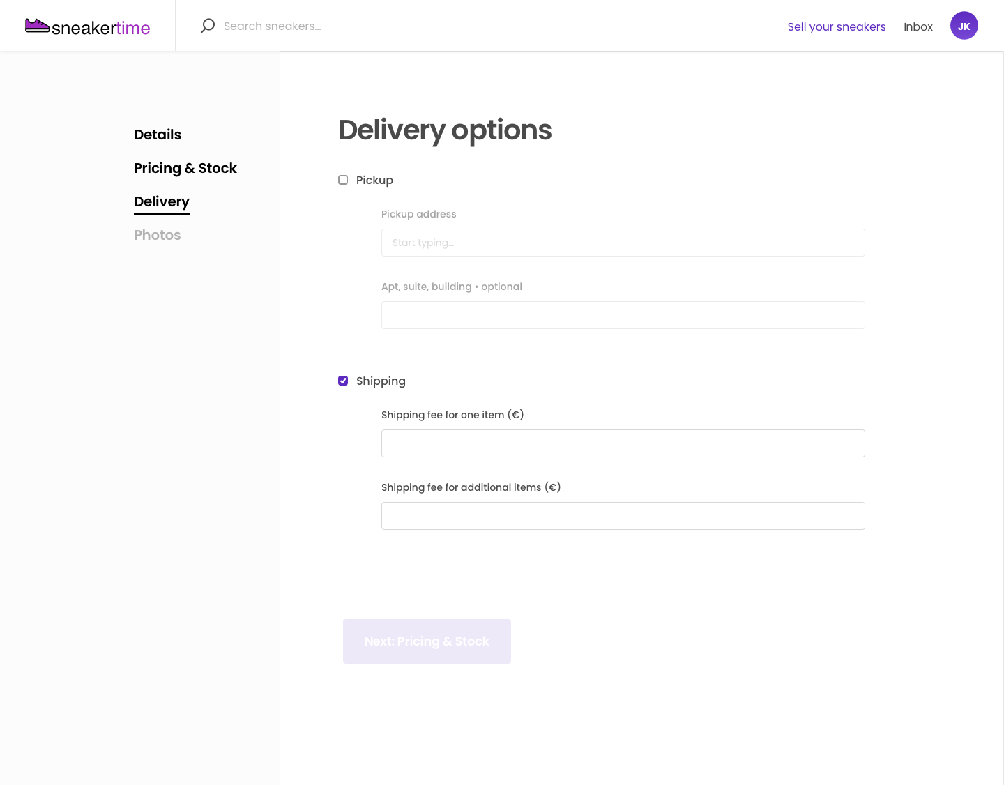 Sneakertime listing creation wizard - Delivery