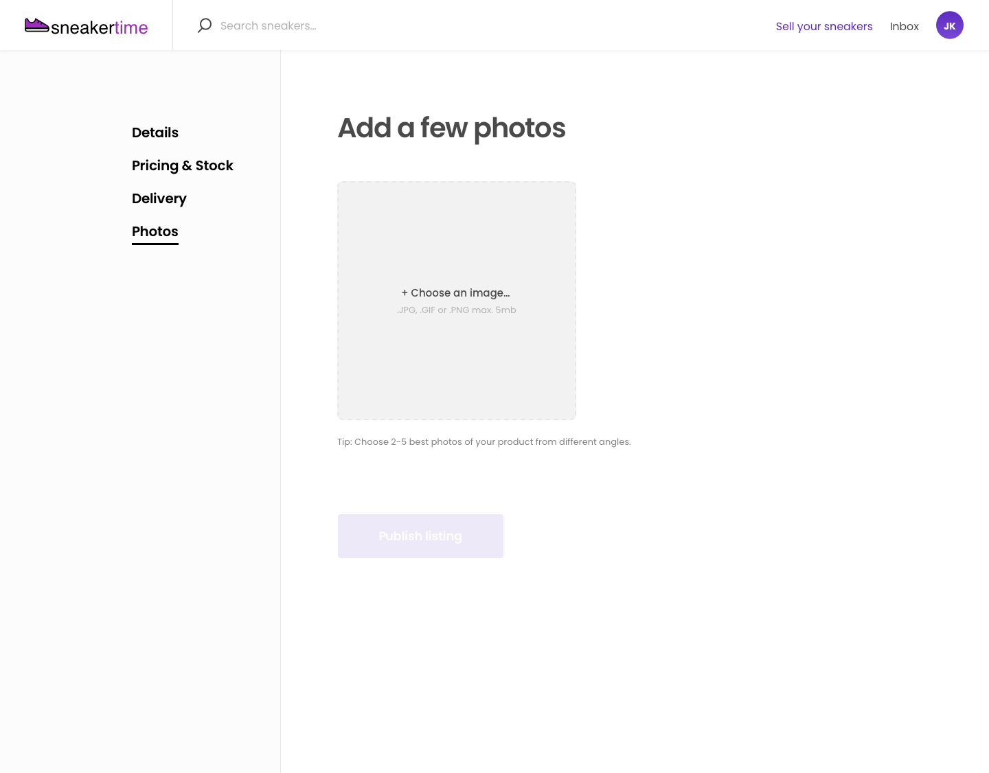 Sneakertime listing creation wizard - Photos and payout details
