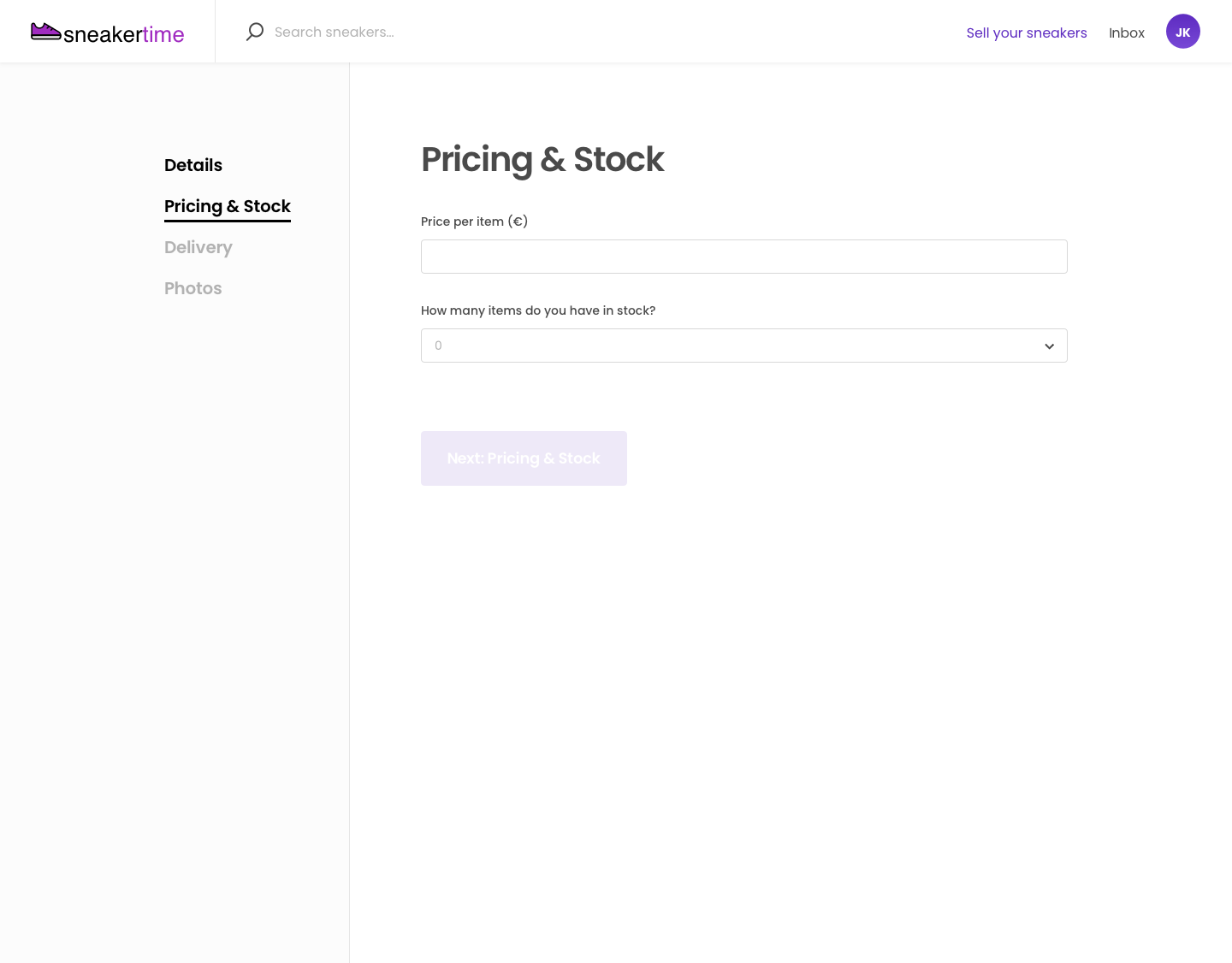 Sneakertime listing creation wizard - stock