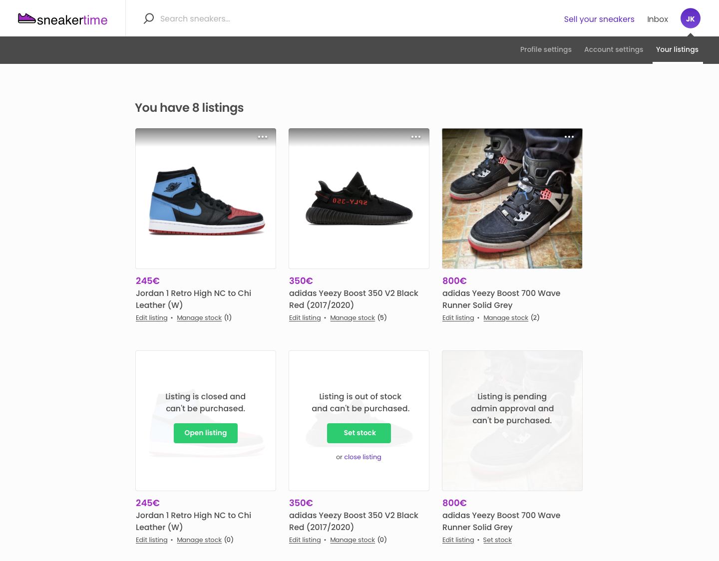 Sneakertime manage listings page