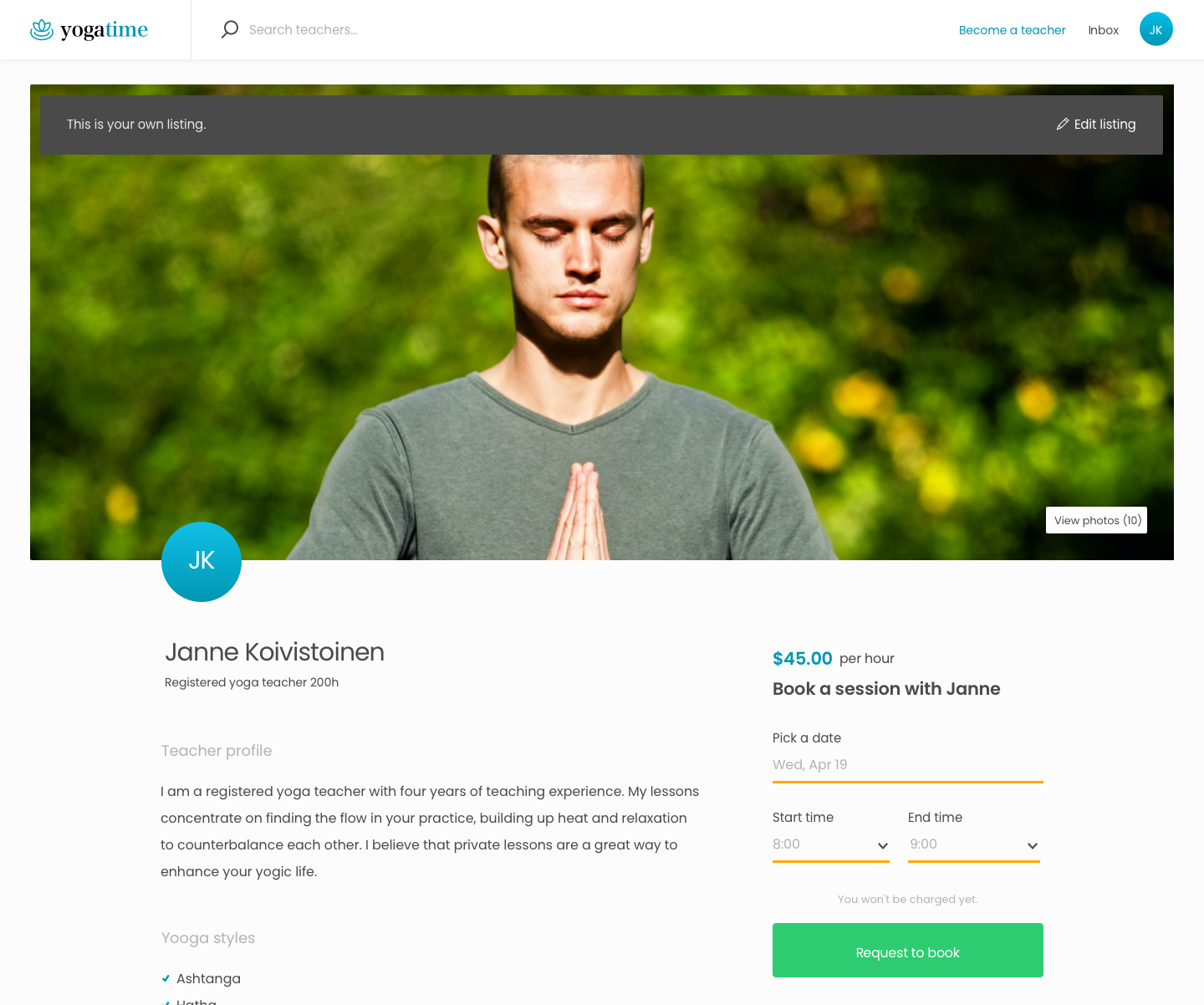 Yogatime listing page - own listing