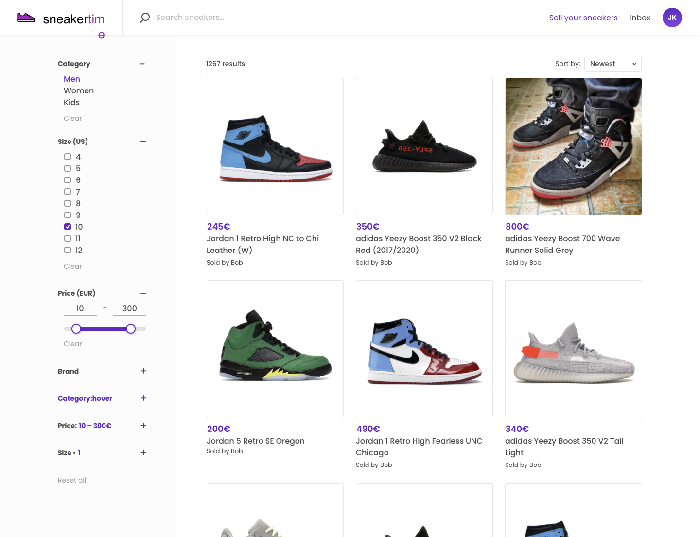 Sneakertime search page