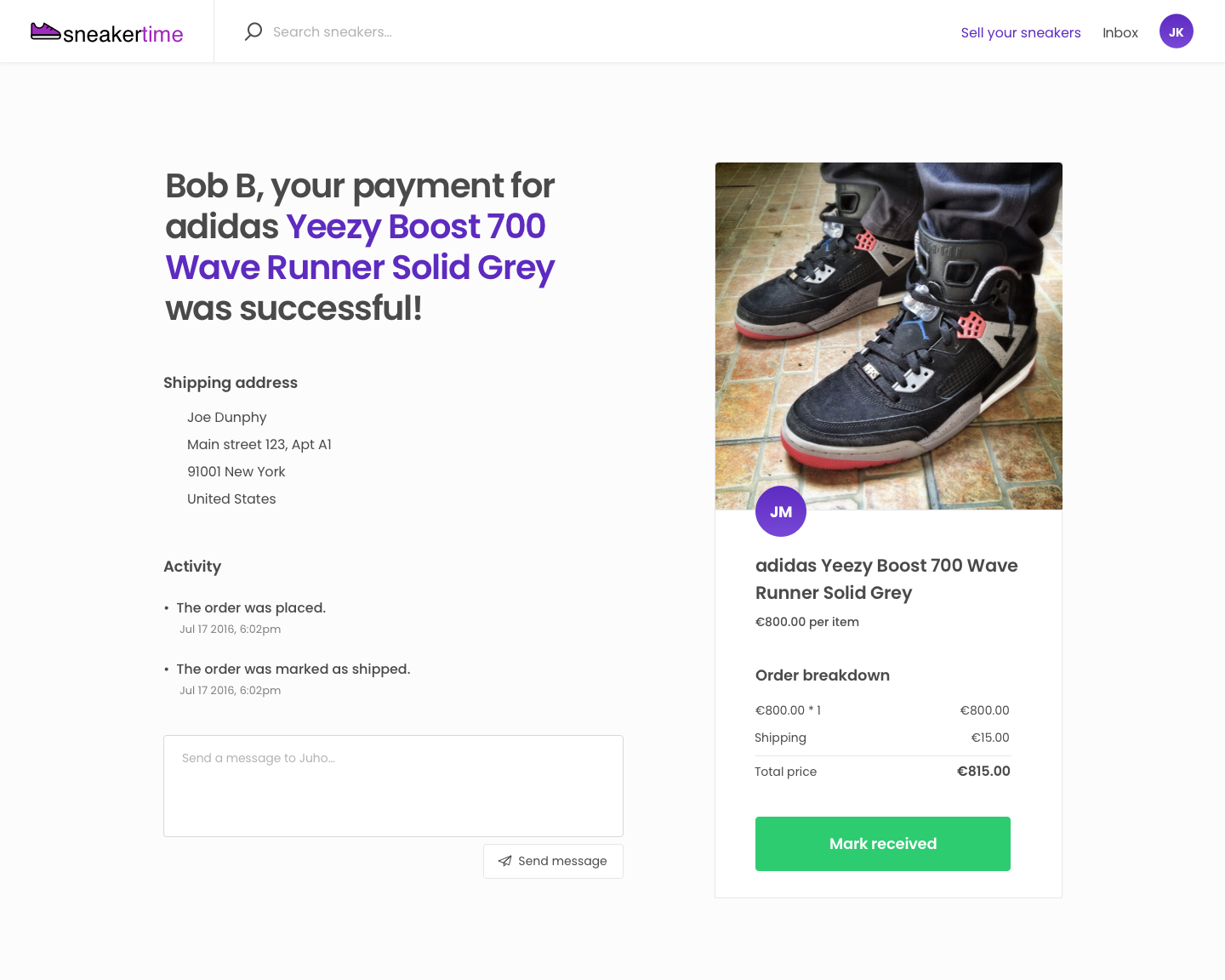 Sneakertime transaction page, provider’s view