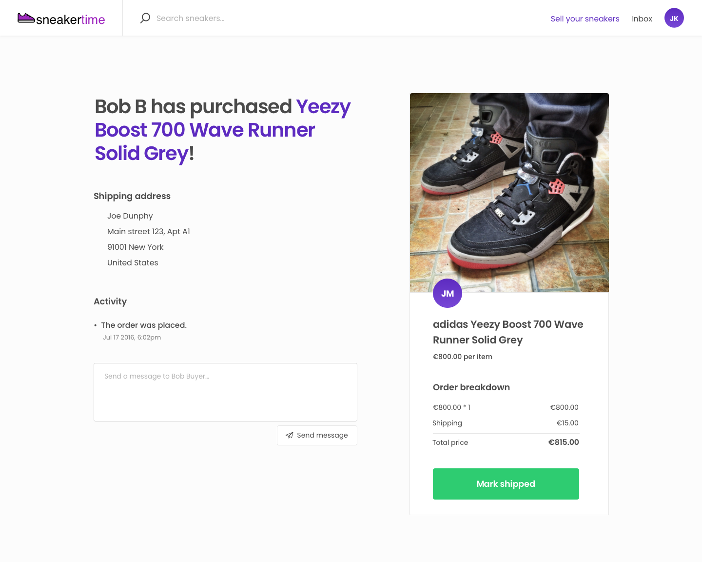 Sneakertime transaction page, provider’s view