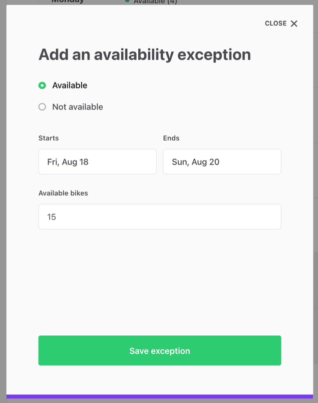Seat selection in availability exception modal