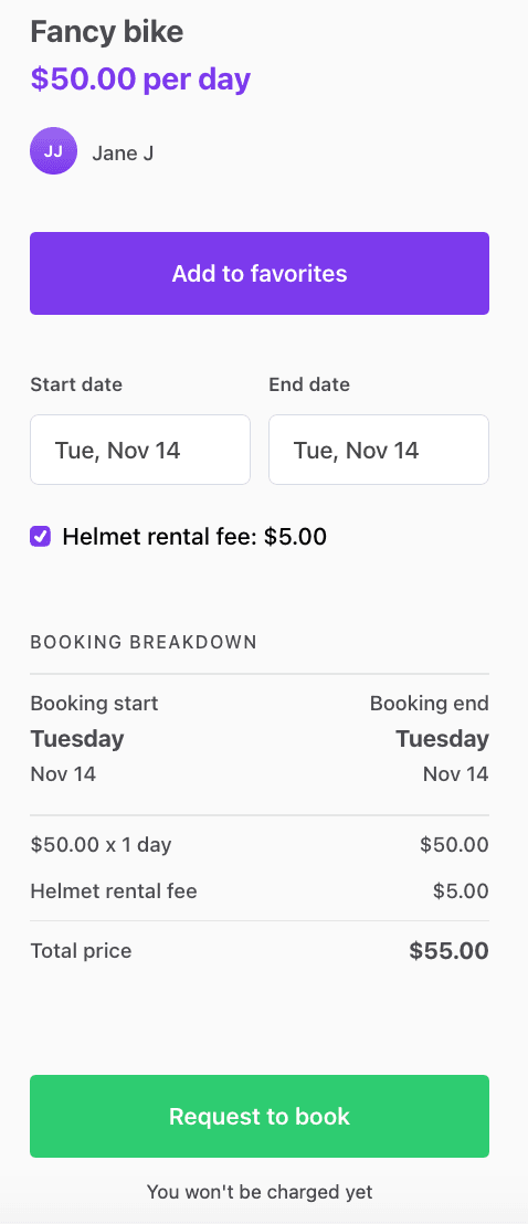 Helmet fee in booking breakdown