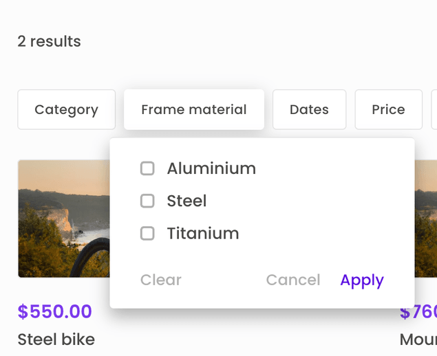 Filter component to filter listings with frame material
