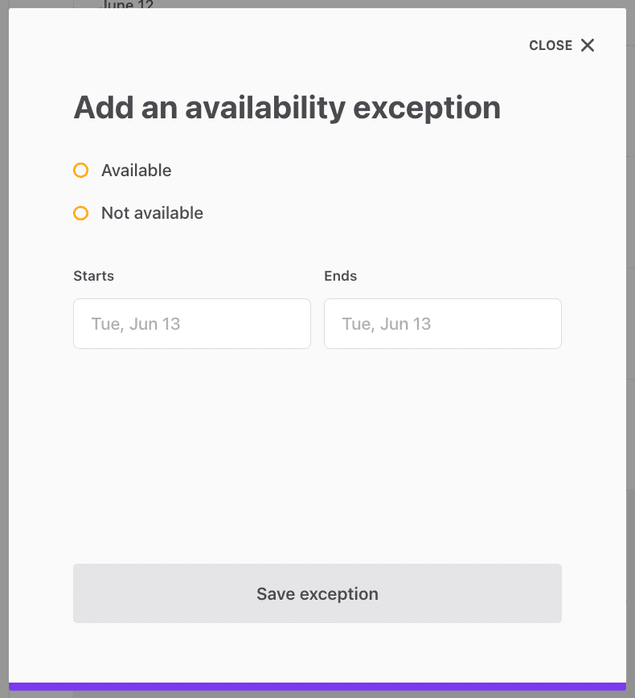 Availability exceptions modal