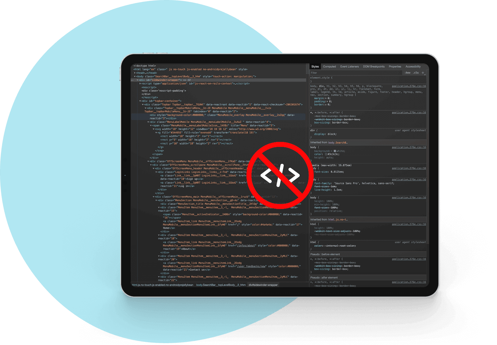 Tablet screen showing a code editor with a red 'no code' logo on top.