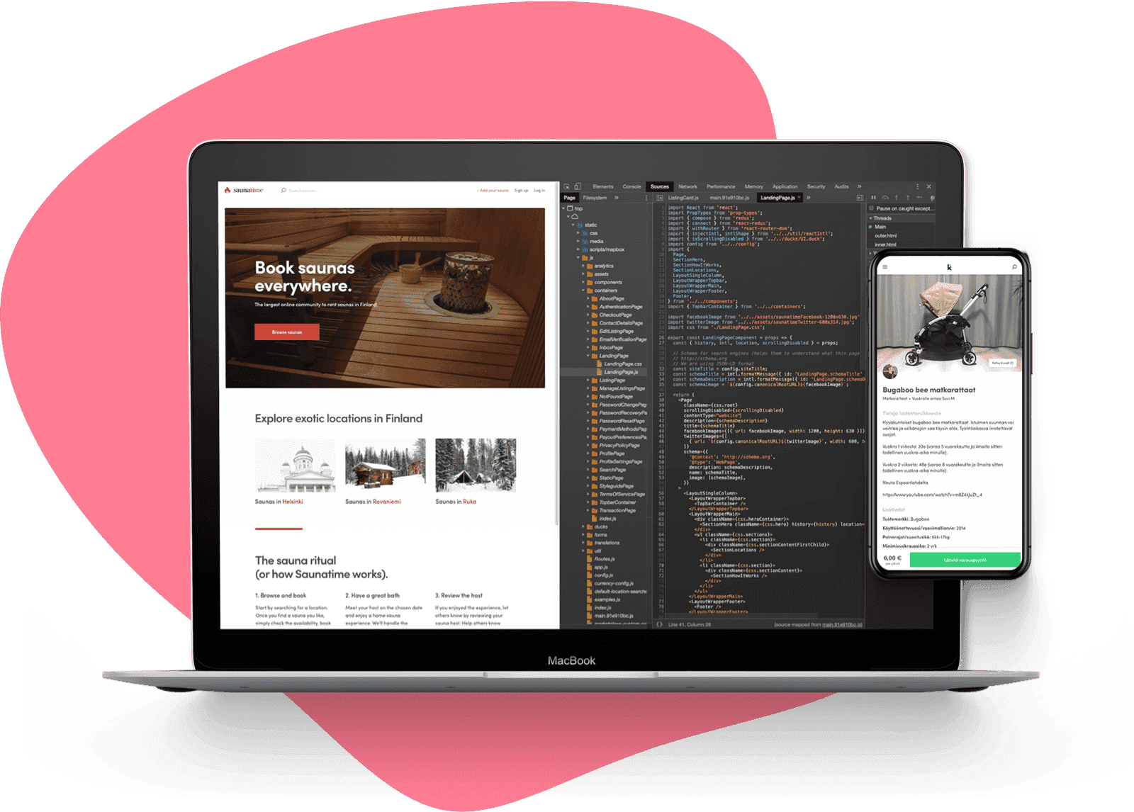 Laptop and smartphone screens showing Sharetribe Flex web template and code and a marketplace listing page mobile UI.