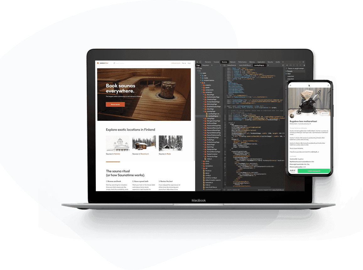 Laptop and smartphone screens showing Sharetribe Flex web template and code and a marketplace listing page UI.