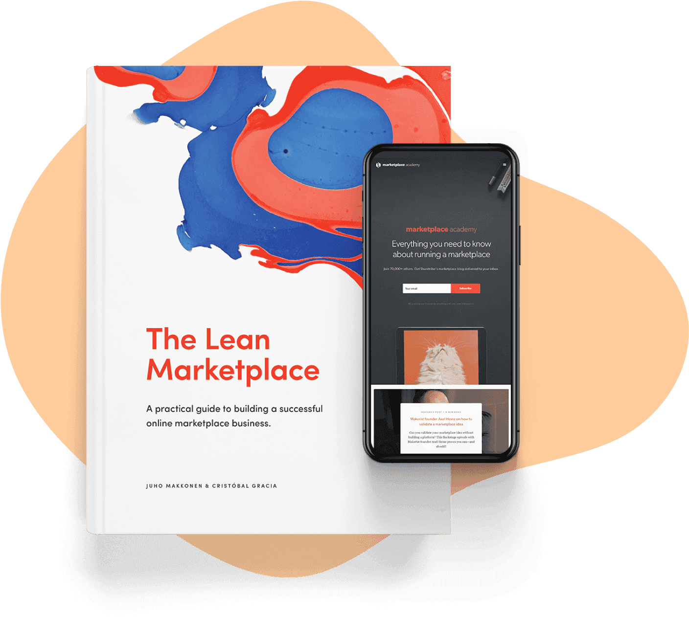The Lean Marketplace book cover and a smartphone screen showing the Marketplace Academy home page.