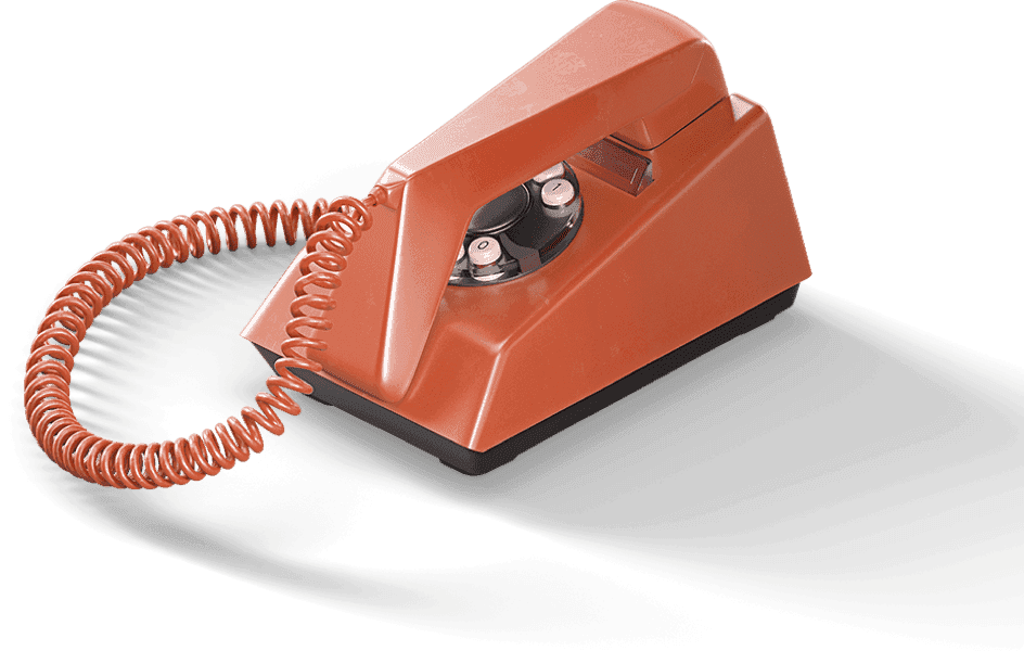 Old-fashioned phone in bright orange color with coil cord and rotary dial.