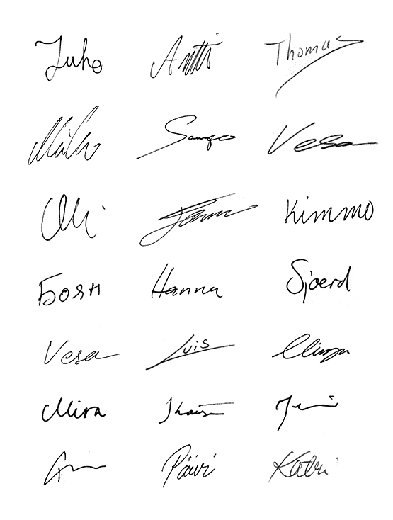 Hand-written autographs of all Sharetribe team members in black ink.