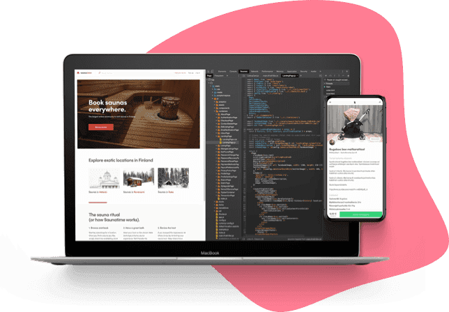 Flex marketplace landing page and source code on a laptop and listing page on a mobile screen.