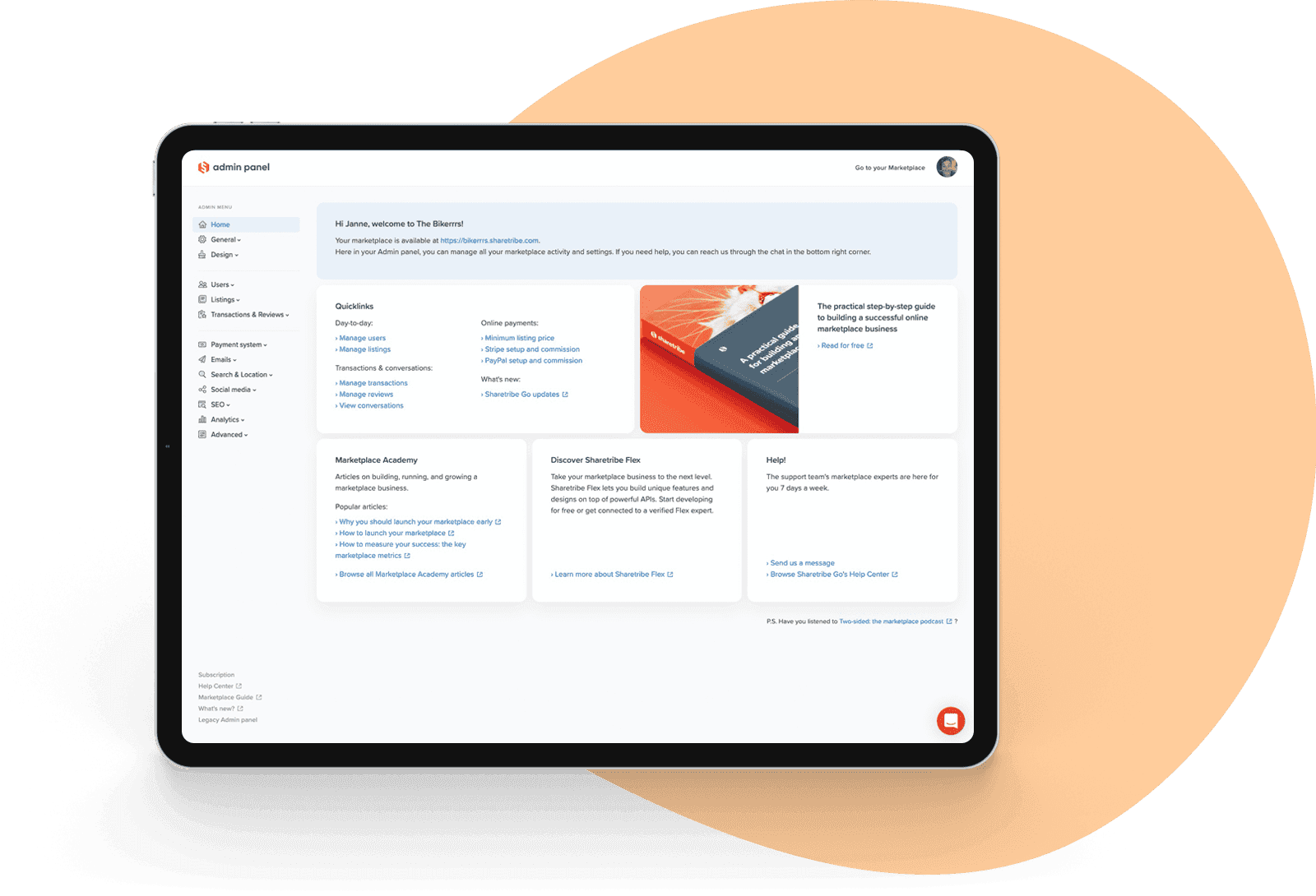 Tablet screen showing Sharetribe Go admin panel in 'Get started' view with six steps to complete.