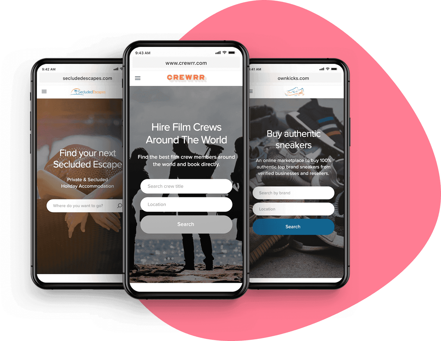 Three smartphone screens showing three different Sharetribe Go marketplace landing pages.