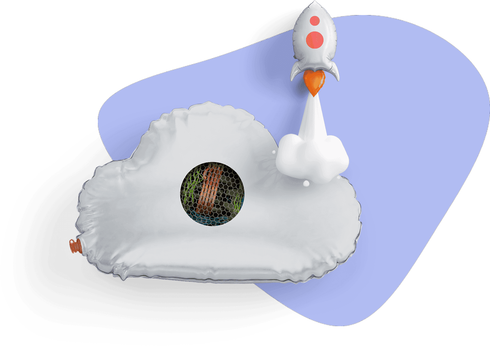 Inflatable toy cloud with a hole showing colorful wires and an inflatable toy rocket ship taking off.