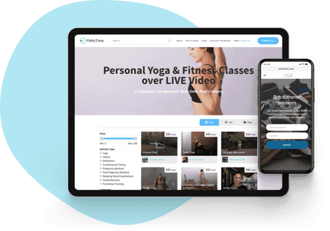 Go marketplace landing pages showing on a tablet and a mobile screen.